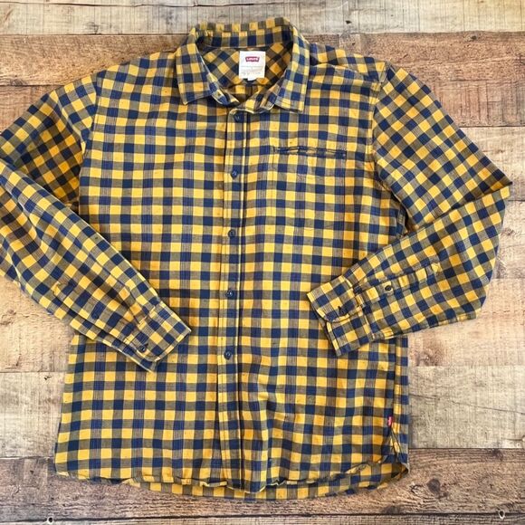 Levi's Navy Yellow Buffalo Check Plaid Button Front Shirt Men's Large Cotton - Picture 6 of 7